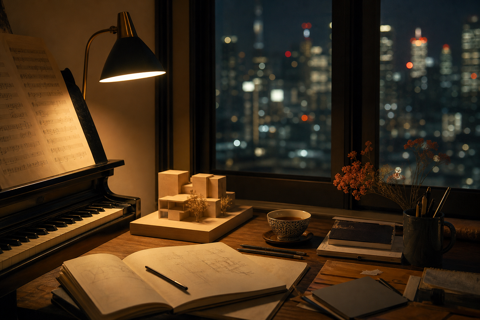 夜晚的钢琴与创作桌面